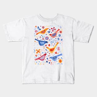 Bright Watercolor Birds in a Garden Kids T-Shirt